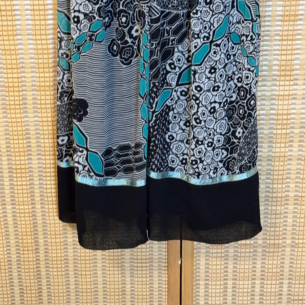 Biyaycda Teal Black Floral Patchwork Smocked Waist Midi Dress Women's 12 Resort - Picture 3 of 9